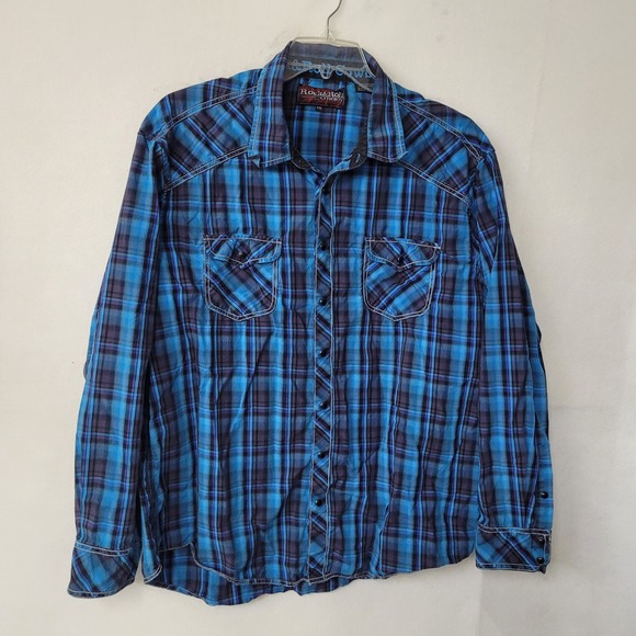 Rock & Roll Cowboy XXL Plaid Shirt Western Long Sleeve Blue Black Rodeo - Picture 1 of 12
